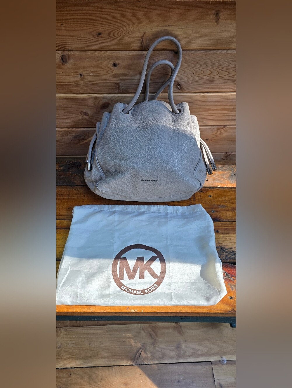 Michael Kors Pebbled Leather Shoulder Tote in Light Taupe/gray